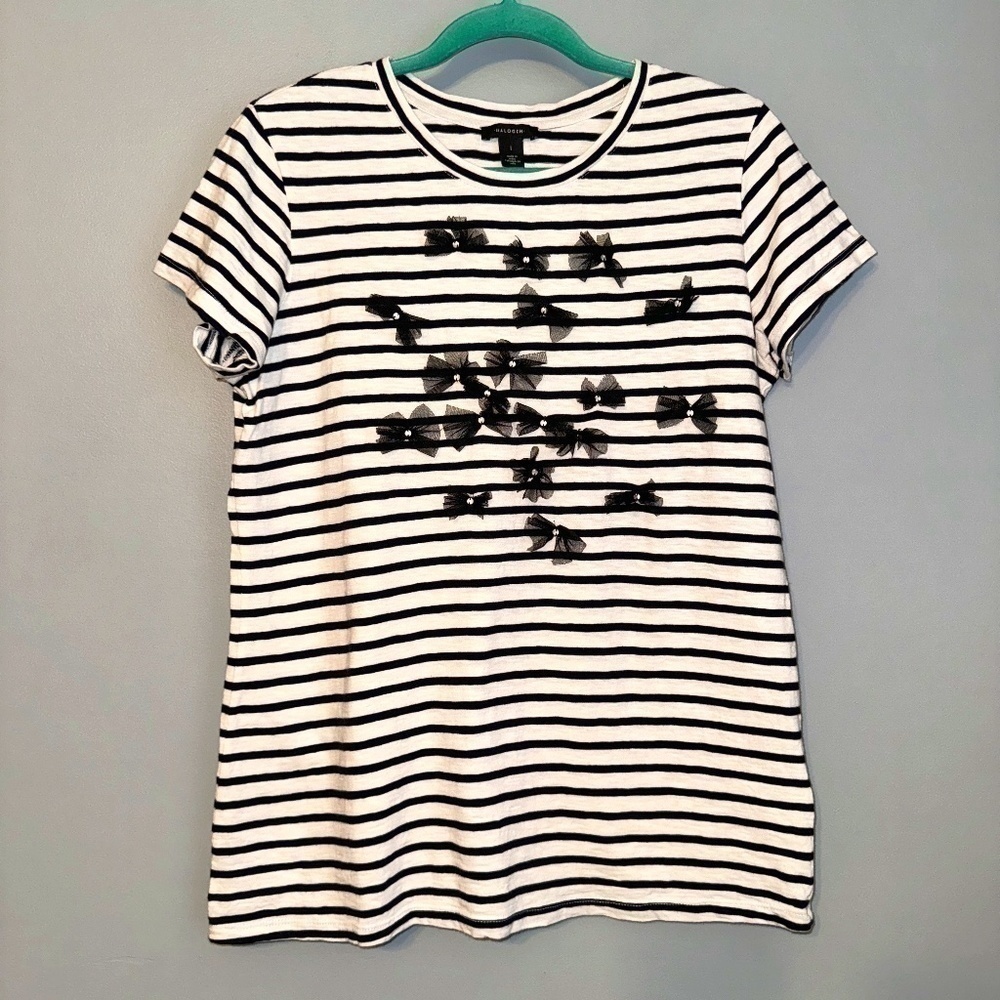 EUC Halogen Striped Tulle Bow Knit Short Sleeve Top Size Large